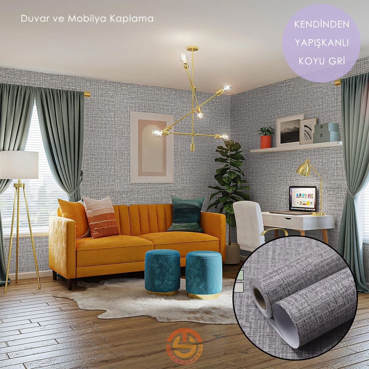 TechnoSmart 60cm×500cm Kendinden Yapışkanlı Keten Görünümlü Duvar Kağıdı Mutfak Dolap Masa Kaplama Koyu Gri