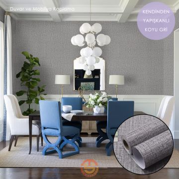 TechnoSmart 60cm×500cm Kendinden Yapışkanlı Keten Görünümlü Duvar Kağıdı Mutfak Dolap Masa Kaplama Koyu Gri