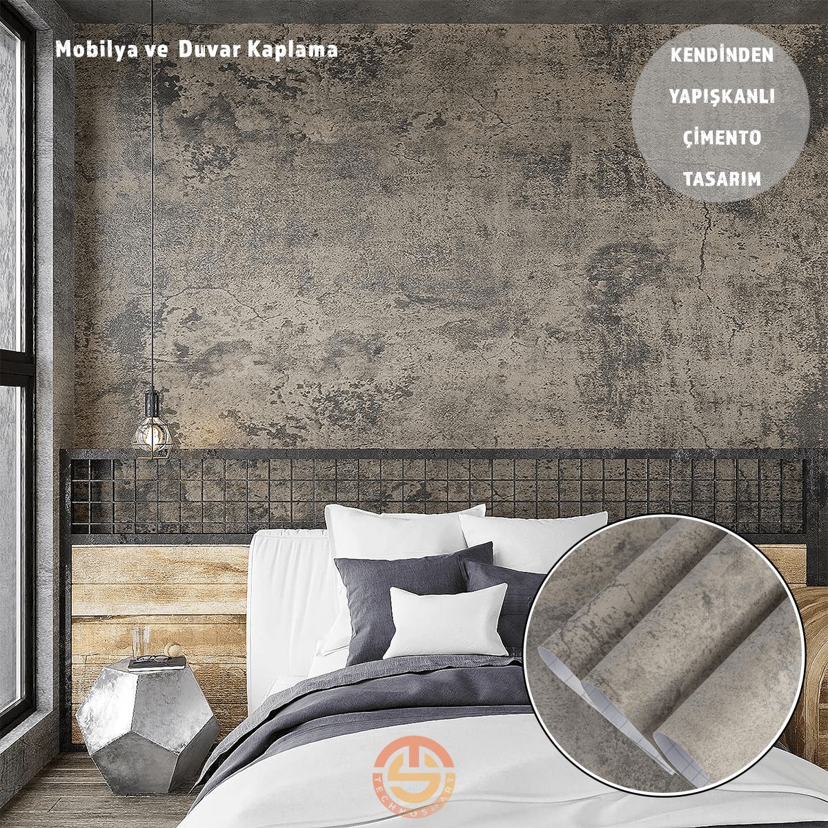 TechnoSmart 60cm×500cm Kendinden Yapışkanlı Çimento Görünümlü Duvar Kağıdı Dolap Masa Tezgah Kaplama Gri