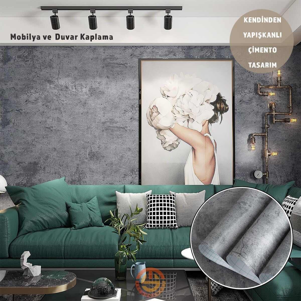 TechnoSmart 60cm×500cm Kendinden Yapışkanlı Çimento Görünümlü Duvar Kağıdı Dolap Masa Tezgah Kaplama Antrasit