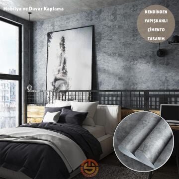 TechnoSmart 60cm×500cm Kendinden Yapışkanlı Çimento Görünümlü Duvar Kağıdı Dolap Masa Tezgah Kaplama Antrasit