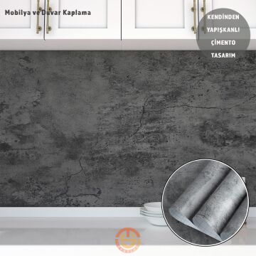 TechnoSmart 60cm×500cm Kendinden Yapışkanlı Çimento Görünümlü Duvar Kağıdı Dolap Masa Tezgah Kaplama Antrasit
