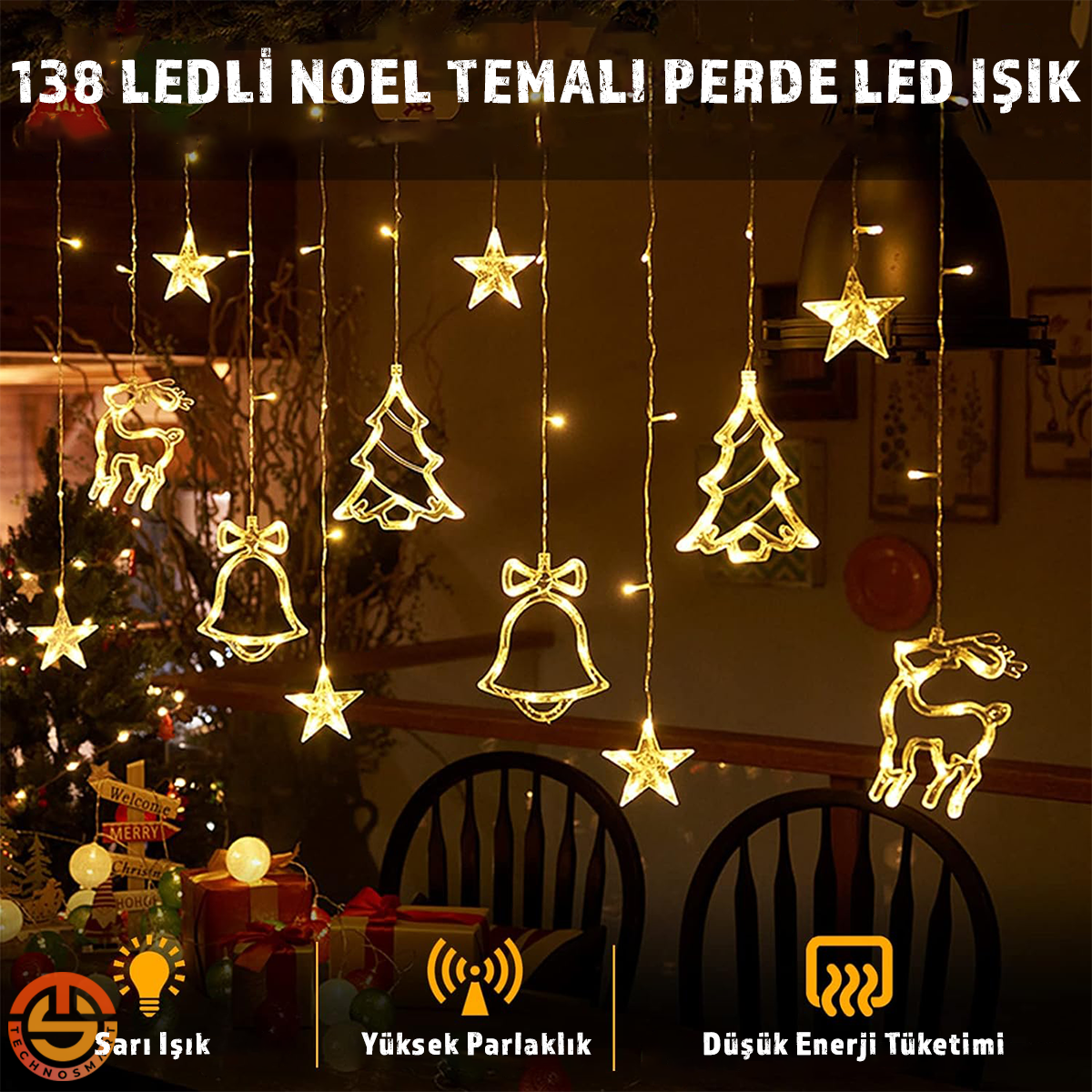 TechnoSmart Yılbaşı ve Özel Gün için Perde Led 8 Modlu Eklenebilir Fişli Dekoratif Süsleme