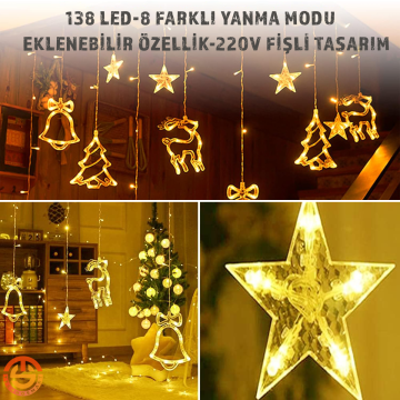 TechnoSmart Yılbaşı ve Özel Gün için Perde Led 8 Modlu Eklenebilir Fişli Dekoratif Süsleme