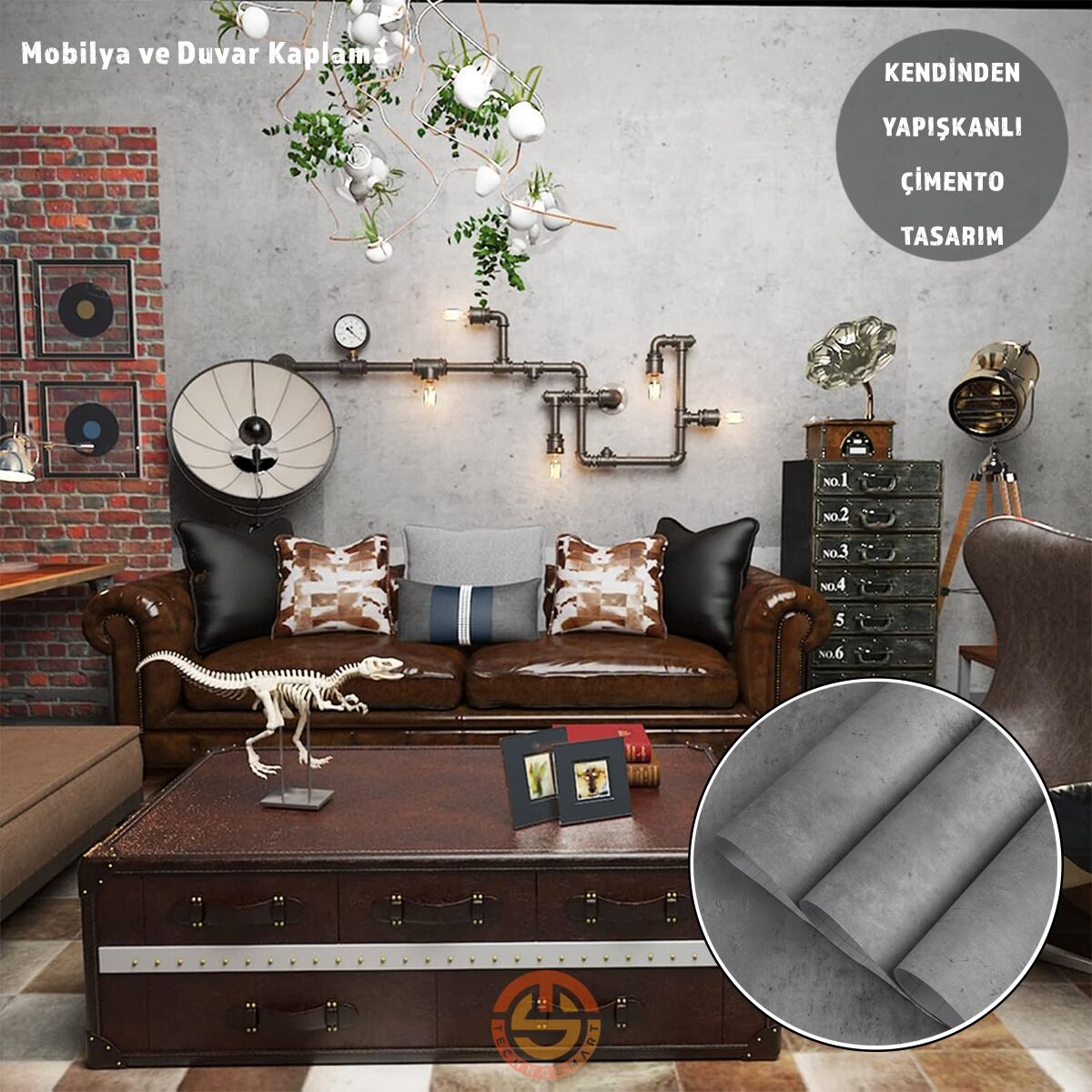 TechnoSmart 60cm×500cm Kendinden Yapışkanlı Çimento Görünümlü Duvar Kağıdı Dolap Masa Tezgah Kaplama