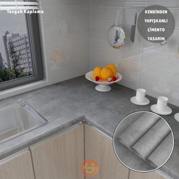 TechnoSmart 60cm×500cm Kendinden Yapışkanlı Çimento Görünümlü Duvar Kağıdı Dolap Masa Tezgah Kaplama Gri