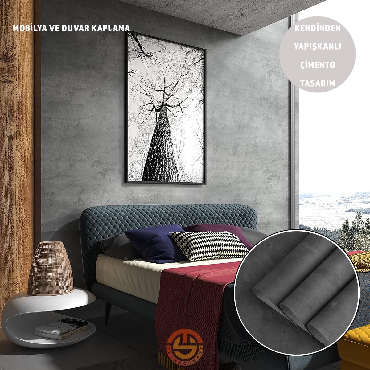 TechnoSmart 60cm×500cm Kendinden Yapışkanlı Çimento Görünümlü Duvar Kağıdı Dolap Masa Tezgah Kaplama Antrasit