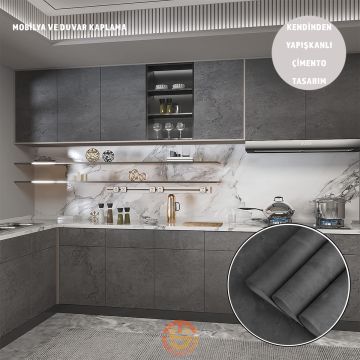 TechnoSmart 60cm×500cm Kendinden Yapışkanlı Çimento Görünümlü Duvar Kağıdı Dolap Masa Tezgah Kaplama Antrasit