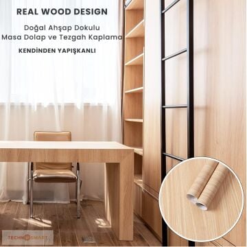 TechnoSmart 60×500cm Kendinden Yapışkanlı Doğal Ahşap Dokulu Kaplama Kağıdı Mutfak Dolap Masa Duvar