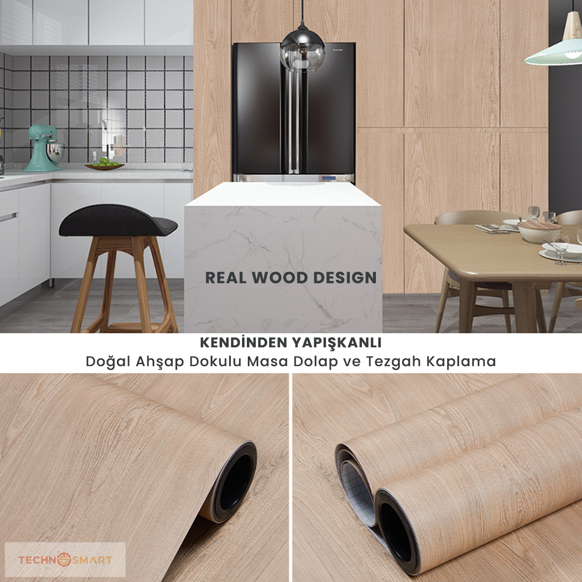 TechnoSmart 60×500cm Kendinden Yapışkanlı Doğal Ahşap Dokulu Kaplama Kağıdı Mutfak Dolap Masa Duvar