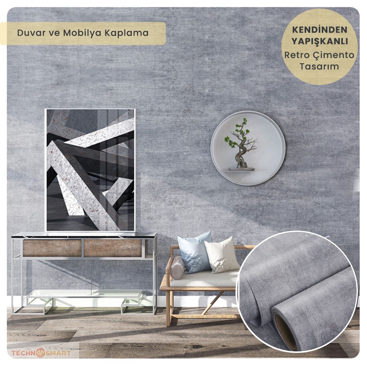 TechnoSmart 60cm×500cm Kendinden Yapışkanlı Dokulu Çimento Görünümlü Duvar Kağıdı Dolap Masa Kaplama