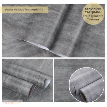 TechnoSmart 60cm×500cm Kendinden Yapışkanlı Dokulu Çimento Görünümlü Duvar Kağıdı Dolap Masa Kaplama Gri