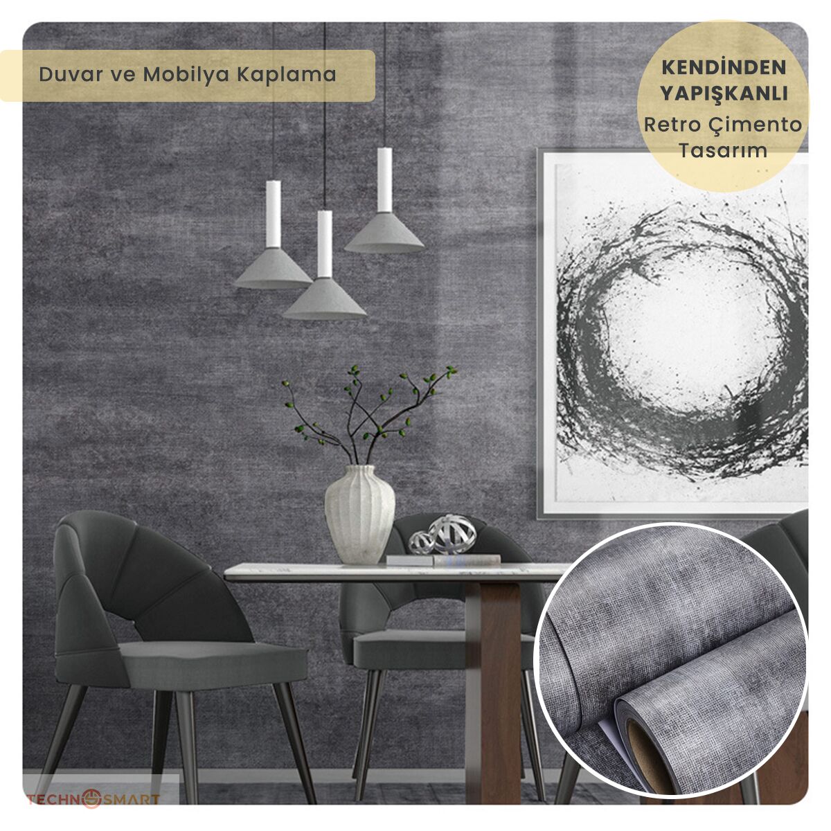 TechnoSmart 60cm×500cm Kendinden Yapışkanlı Dokulu Çimento Görünümlü Duvar Kağıdı Dolap Masa Kaplama Antrasit