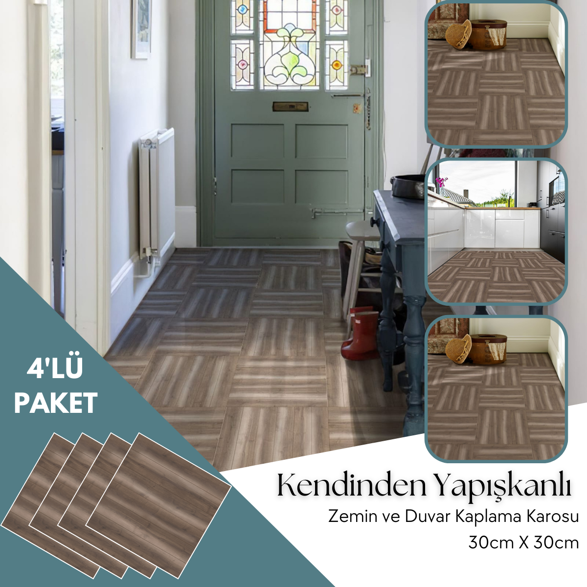 TechnoSmart 4 Adet 30cm×30cm Kendinden Yapışkanlı LVT Zemin Duvar Kaplama Mutfak Banyo Karo Sticker