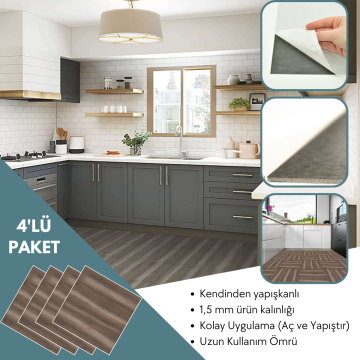 TechnoSmart 4 Adet 30cm×30cm Kendinden Yapışkanlı LVT Zemin Duvar Kaplama Mutfak Banyo Karo Sticker