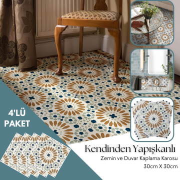 TechnoSmart 4 Adet 30cm×30cm Kendinden Yapışkanlı LVT Zemin Duvar Kaplama Mutfak Banyo Karo Sticker