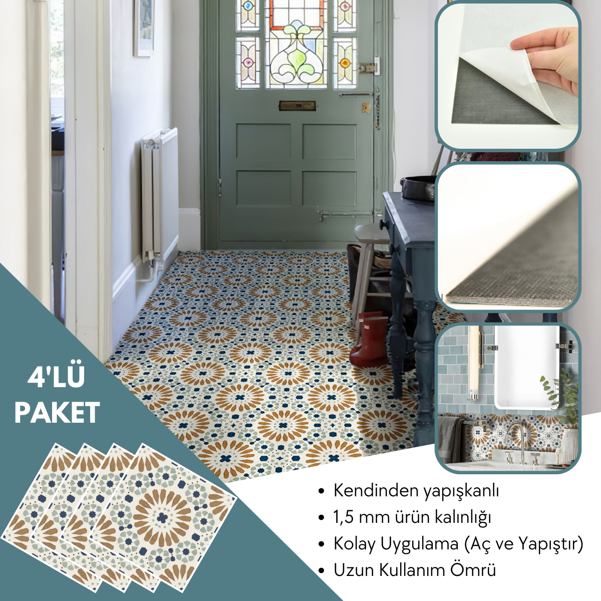 TechnoSmart 4 Adet 30cm×30cm Kendinden Yapışkanlı LVT Zemin Duvar Kaplama Mutfak Banyo Karo Sticker