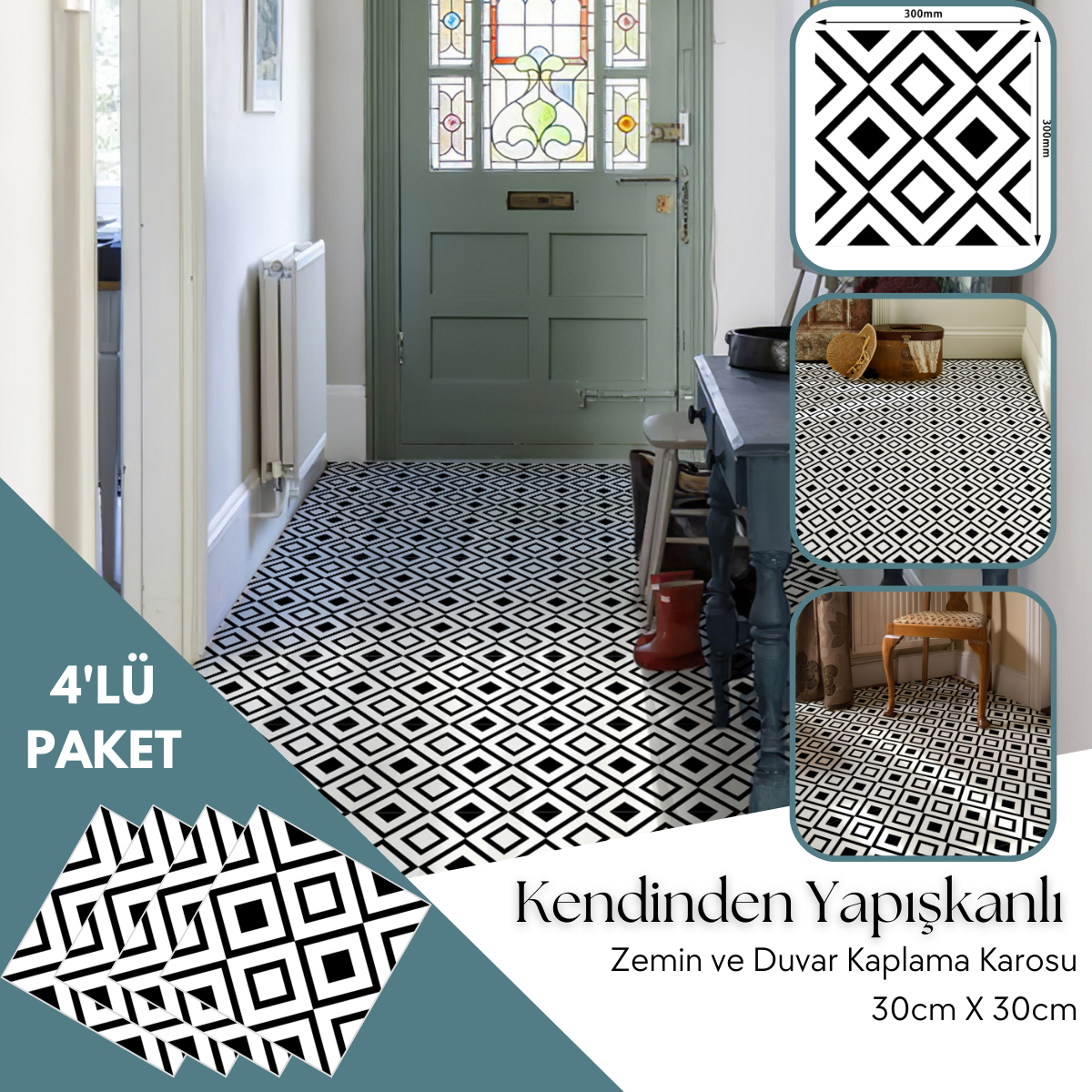 TechnoSmart 4 Adet 30cm×30cm Kendinden Yapışkanlı LVT Zemin Duvar Kaplama Mutfak Banyo Karo Sticker