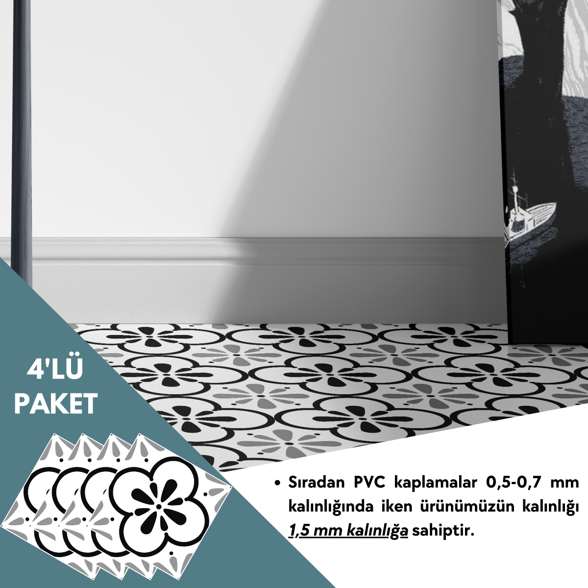 TechnoSmart 4 Adet 30cm×30cm Kendinden Yapışkanlı LVT Zemin Duvar Kaplama Mutfak Banyo Karo Sticker