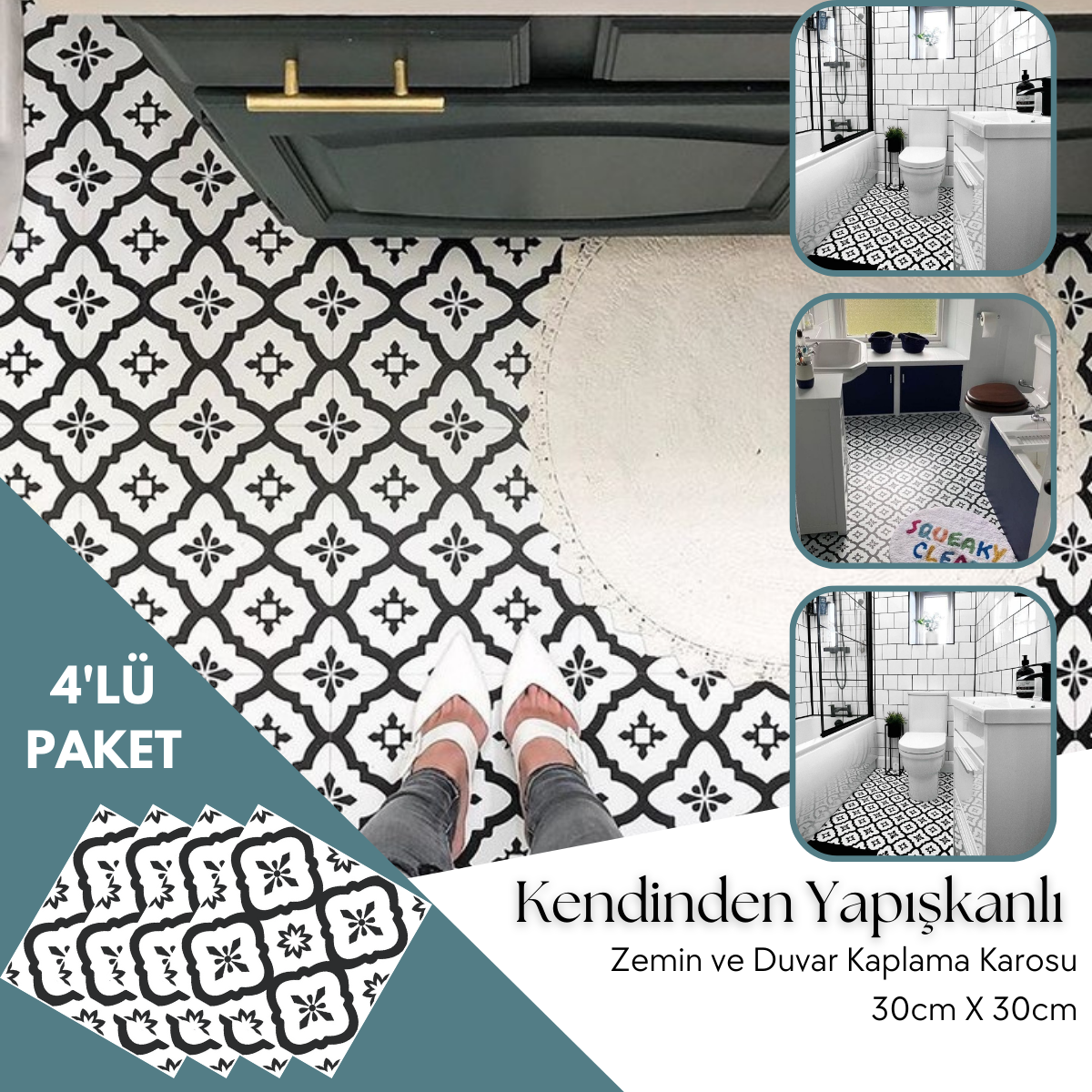 TechnoSmart 4 Adet 30cm×30cm Kendinden Yapışkanlı LVT Zemin Duvar Kaplama Mutfak Banyo Karo Sticker